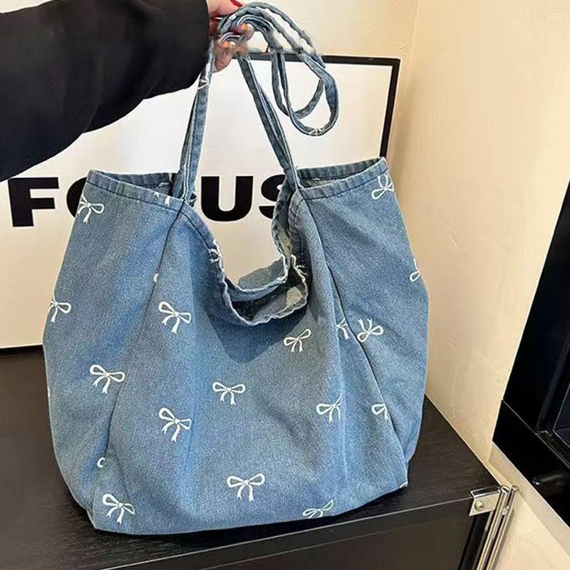 Leather Work Bag Women - Dames denim canvas draagtas met strikdecoratie,