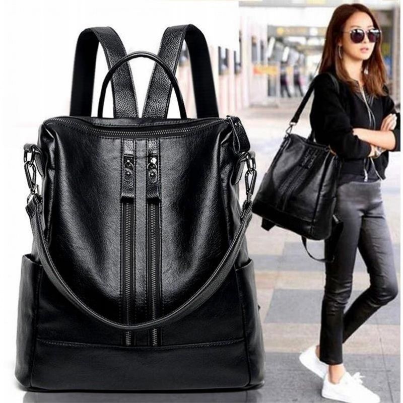 Leather Work Backpack - Dames Zacht Leren Rugzak School Zwart