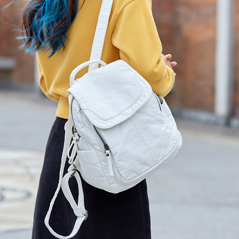 Leather Work Backpack - Damesrugzak Witgewassen Leren Rugzak Dames Kleine